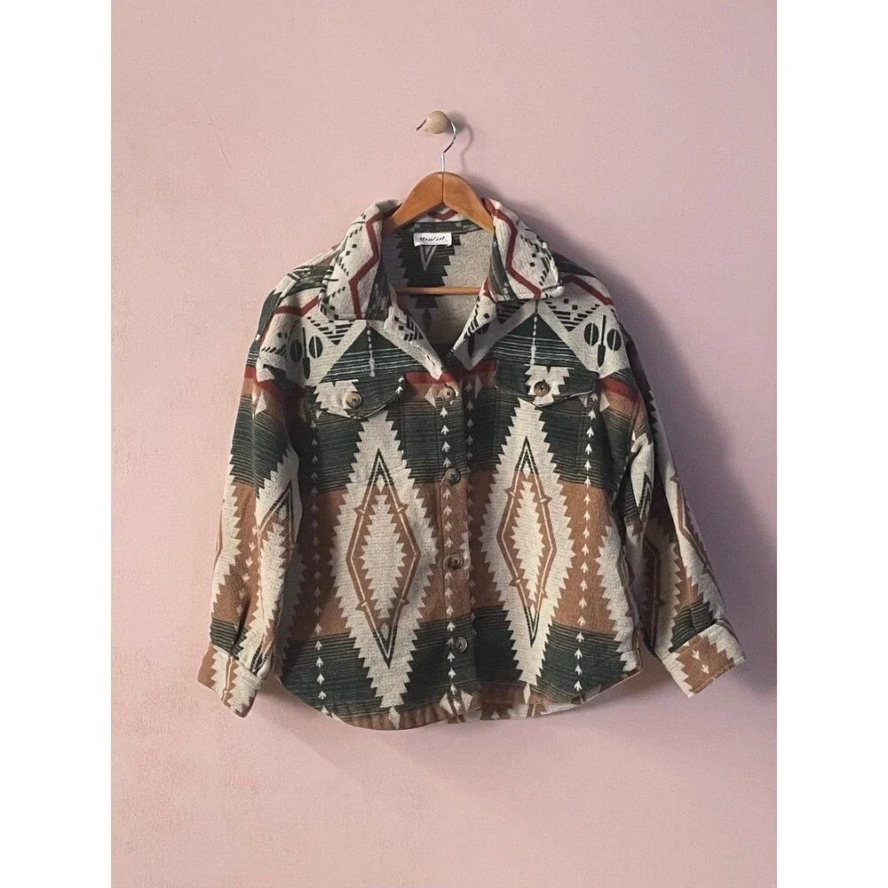 New In Green, Brown, Tan, Rust Tribal Printed Shirt Jacket